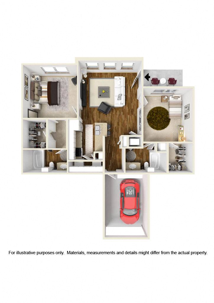 Floor plan for 2 beds, 2 baths, 972 sqft